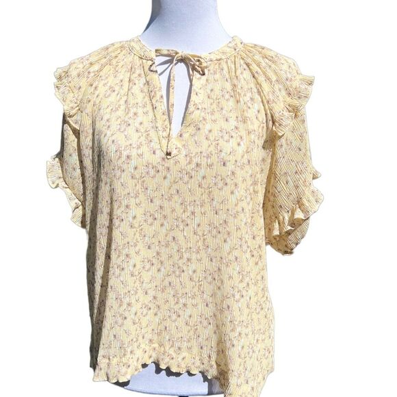 Yellow floral blouse top tie neck crinkle short ruffle sleeve S Robertson Rodeo - Picture 1 of 8